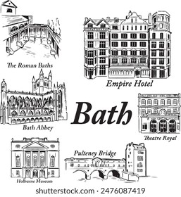 Bath English landmarks ink illustration. Roman Baths, Pulteney, Bath Abbey tourist attractions vector drawing. Europe old Roman, Victorian architecture places sketches. Black and white minimal style. 