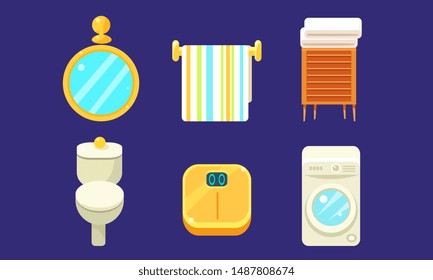 Bath Equipment and Accessories Set, Bathroom Interior Design Elements, Toilet Bowl, Scales, Washing Machine Vector Illustration