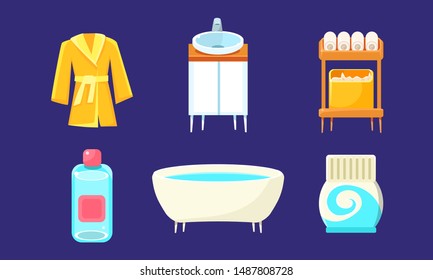 Bath Equipment and Accessories Set, Bathroom Interior Design Elements Vector Illustration