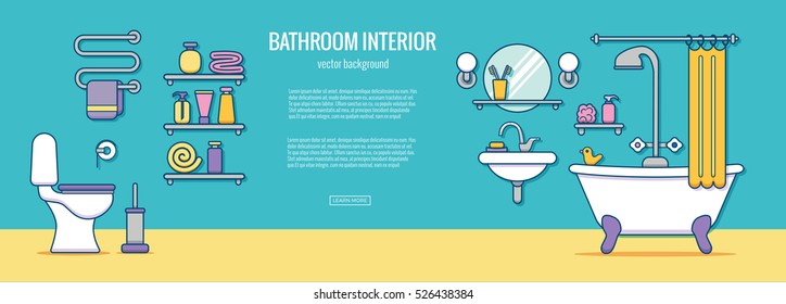 Bath equipment colorful concept . Card or poster template with flat  outline symbols of mirror, bath, toilet, sink, shower. Vector illustration for web sites, shops or bathroom interior designs.