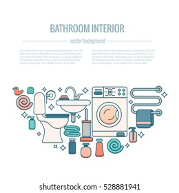 Bath equipment colorful concept . Card or poster template with flat  outline symbols of mirror, bath, toilet, sink, shower. Vector illustration for web sites, shops or bathroom interior designs.