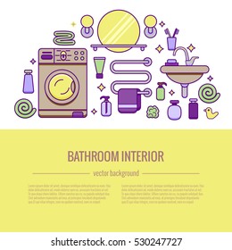 Bath equipment colorful concept . Card or poster template with flat  outline symbols of mirror, bath, toilet, sink, shower. Vector illustration for web sites, shops or bathroom interior designs.