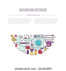 Bath equipment colorful concept . Card or poster template with flat  outline symbols of mirror, toilet, sink, shower. Vector illustration for web sites, shops or bathroom interior designs.