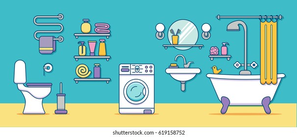 Bath equipment colorful concept. Card or poster template with flat outline symbols of mirror, toilet, sink, shower. Vector illustration for web sites, shops or bathroom interior designs.