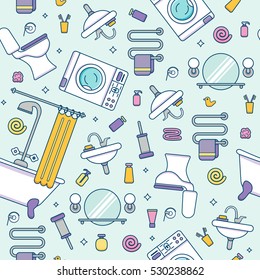 Bath equipment colorful seamless pattern . Packagene template with flat  outline symbols of mirror, bath, toilet, sink, shower. Vector illustration for web sites, shops or bathroom interior designs.