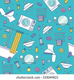 Bath equipment colorful seamless pattern . Packagene template with flat  outline symbols of mirror, bath, toilet, sink, shower. Vector illustration for web sites, shops or bathroom interior designs.