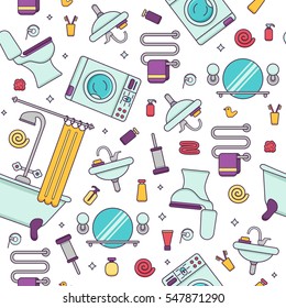 Bath equipment colorful seamless pattern . Packagene template with flat  outline symbols of mirror, toilet, sink, shower. Vector illustration for web sites, shops or bathroom interior designs.