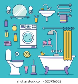 Bath equipment icons made in modern line style. Colorful clip art illustration for bathroom interior design. Isolated vector symbols of mirror, toilet, sink, shower, soap, towel, faucet.