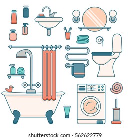Bath equipment icons made in modern line style. Colorful clip art illustration for bathroom interior design. Isolated vector symbols of mirror, toilet, sink, shower, soap, towel, faucet.
