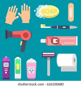 Bath equipment icons modern shower colorful illustration for bathroom interior hygiene vector design.