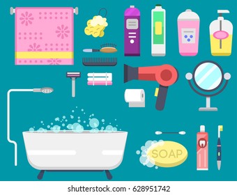 Bath equipment icons modern shower colorful illustration for bathroom interior hygiene vector design.