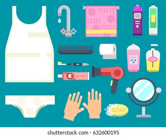 Bath equipment icons modern shower colorful illustration for bathroom interior hygiene vector design.