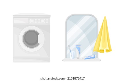 Equipo de baño. Ilustración del vector de lavado, espejo y toalla