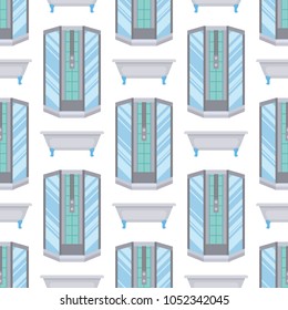 Bath equipment shower cabin bowl clean bathroom flat style illustration hygiene design seamless pattern background.
