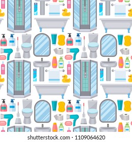 Bath equipment toilet bowl clean bathroom flat style illustration hygiene design seamless pattern background.