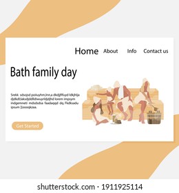 Bath family day page, healthy relax spa. Father mother with kids rest in bathhouse. Vector healthy hygiene and hygiene illustration