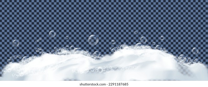 Bath foam or beer foam with bubblies isolated on transparent background. White soap froth texture with bubbles. Vector 