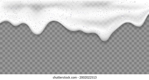 Bath foam or Beer foam realistic 3D vector illustration, isolated on transparent background. White soap suds with rainbow air bubbles, shampoo bubbles or foaming detergent texture, frame or border for
