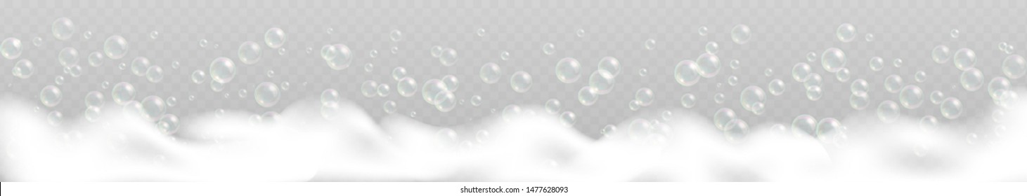 Bath foam with bubbles isolated on transparent background. Realistic sparkling shampoo and soap lather vector illustration. Panoramic banner.