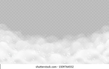 Bath foam with bubbles isolated on transparent background. Sparkling shampoo and soap lather vector illustration.