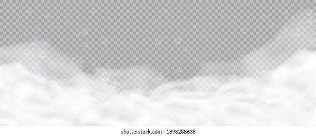 Bath foam with bubbles isolated on transparent background. Realistic soap lather texture. Vector illustration of shampoo, gel or mousse suds overlay effect