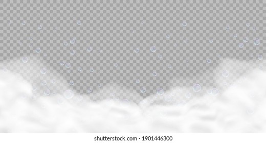 Bath foam with bubbles isolated on transparent background. Realistic soap lather texture. Vector illustration of shampoo, gel or mousse suds overlay effect