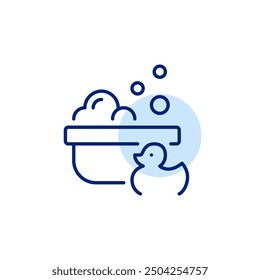 Bath with foam and bubbles and rubber duck. Baby bathing time. Hygiene with pleasure and games. Pixel perfect, editable stroke icon