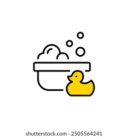 Bath with foam and bubbles and rubber duck. Baby bathing time. Hygiene with pleasure and games. Pixel perfect vector icon