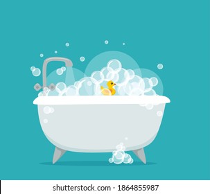 Bath with foam bubbles vector cartoon illustration. Bathroom design concert with foam and duck toy for shower, hygiene, healthcare, relax.