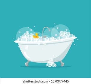 Bath with foam bubbles vector cartoon illustration. Bathroom design concert with foam and duck toy for shower, hygiene, healthcare, relax.