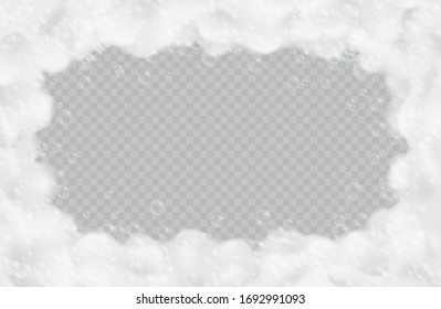 Bath foam frame isolated on transparent background. Realistic sparkling shampoo bubbles and soap lather vector illustration.