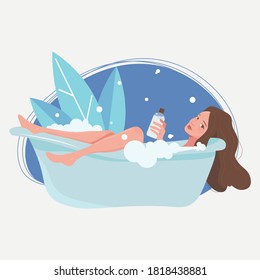 Bath foam, girl takes a bath, water treatments, bath procedures.