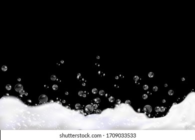 Bath foam isolated on a black background. Shampoo bubbles texture.Sparkling shampoo and bath lather vector illustration.