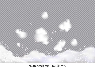 Bath foam isolated on checkered  transparent background. Shampoo bubbles texture.Sparkling  shampoo and bath lather. Vector illustration.
