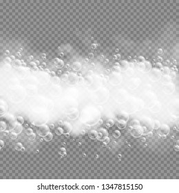 Bath foam isolated on transparent background. Soap, gel or shampoo bubbles overlay suds texture. Realistic vector illustration for design package of cosmetics or detergents.