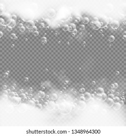 Bath foam isolated on transparent background. Soap, gel or shampoo bubbles overlay suds texture. Realistic vector illustration for design package of cosmetics or detergents.