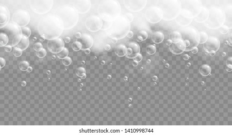 Bath foam isolated on transparent background. Soap, gel or shampoo bubbles overlay suds texture. Realistic vector illustration for design package of cosmetics or detergents.