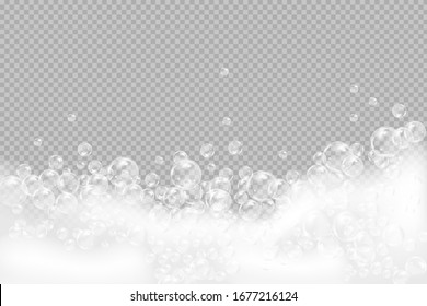 Bath foam isolated on transparent background. Shampoo bubbles texture.Sparkling shampoo and bath lather vector illustration.