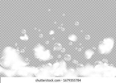 Bath foam isolated on transparent background. Shampoo bubbles texture.Sparkling shampoo and bath lather vector illustration.