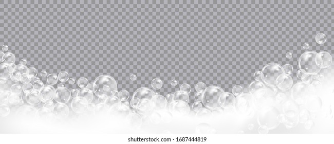 Bath foam isolated on transparent background. Shampoo bubbles texture.Sparkling shampoo and bath lather vector illustration.