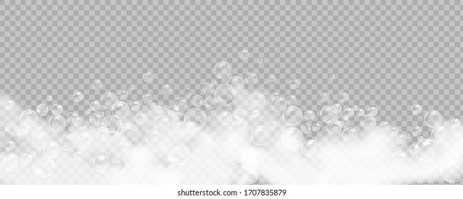 Bath foam isolated on transparent background. Shampoo bubbles texture.Sparkling shampoo and bath lather vector illustration.