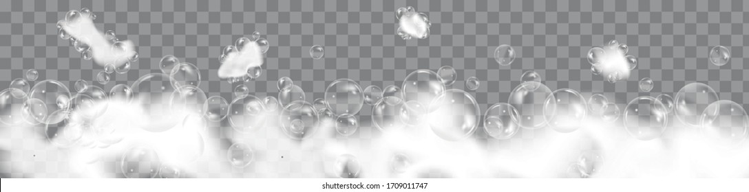 Espuma de baño aislada sobre fondo transparente. Shampoo burbuja textura.Champú espumoso y ilustración vectorial del baño.