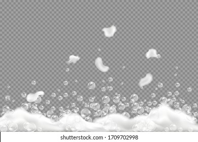 Bath foam isolated on transparent background. Shampoo bubbles texture.Sparkling shampoo and bath lather vector illustration.