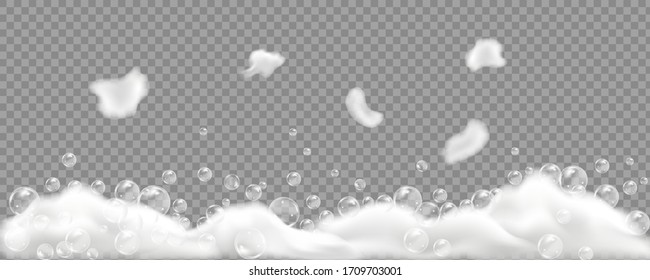 Bath foam isolated on transparent background. Shampoo bubbles texture.Sparkling shampoo and bath lather vector illustration.