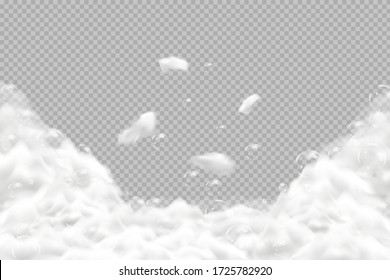 Bath foam isolated on transparent background. Shampoo bubbles texture.Sparkling shampoo and bath lather vector illustration.