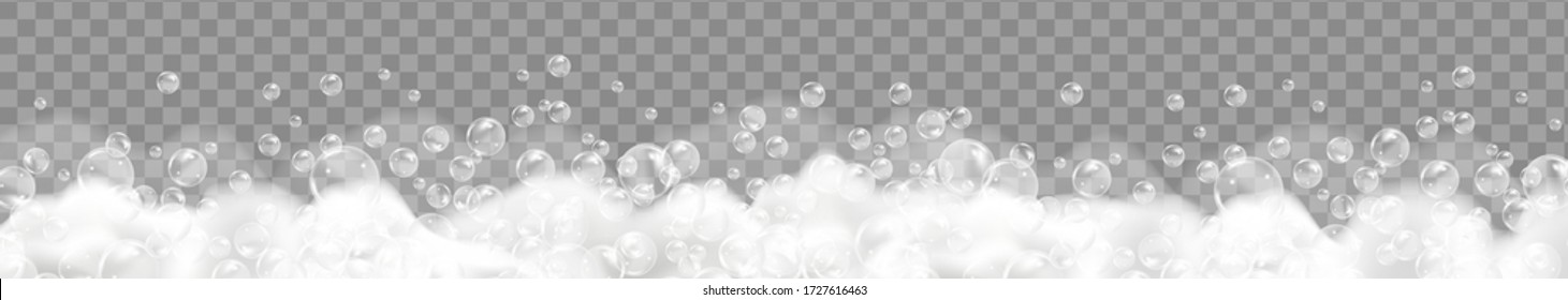Espuma de baño aislada sobre fondo transparente. La textura de burbujas de champú.Champú espumoso e ilustración vectorial de la bañera.