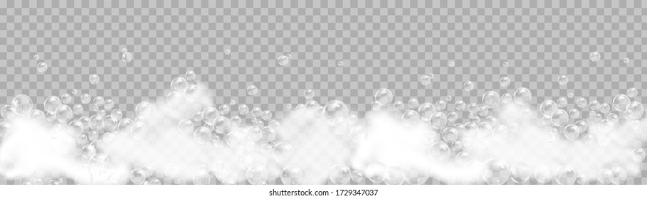 Bath foam isolated on transparent background. Shampoo bubbles texture.Sparkling shampoo and bath lather vector illustration