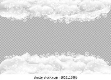 Espuma de baño aislada sobre fondo transparente. La textura de burbujas de champú.Champú espumoso e ilustración vectorial de la bañera.