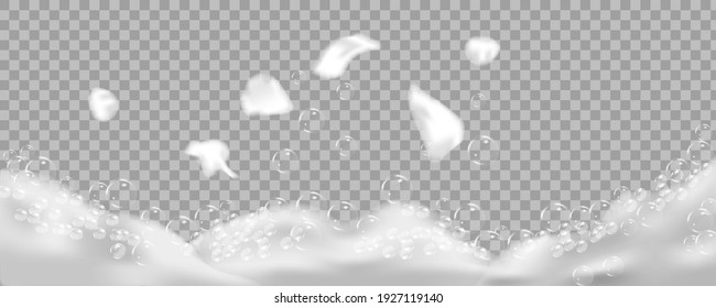 Bath foam isolated on transparent background. Shampoo bubbles texture.Sparkling shampoo and bath lather vector illustration.