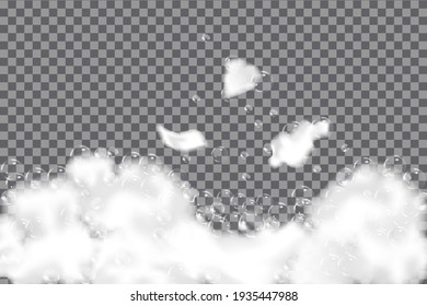 Bath foam isolated on transparent background. Shampoo bubbles texture.Sparkling shampoo and bath lather vector illustration.